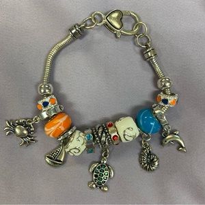 Charms and Beads on Silver Chain with Heart Clasp Bracelet
